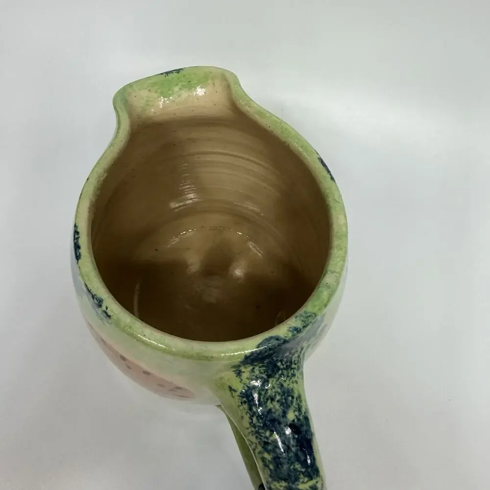 Vtg Spongeware Pottery Watermelon Heart Pitcher Green Red Seeded 6.5” Country